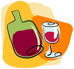 bottle and glass of red wine on white background