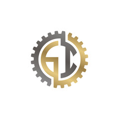 Initial letter G and I, GI, interlock cogwheel gear logo, black gold on white background