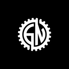 Initial letter G and N, GN, interlock cogwheel gear monogram logo, white color on black background