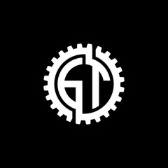 Initial letter G and T, GT, interlock cogwheel gear monogram logo, white color on black background