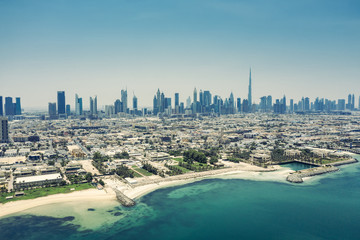 Aerial view on the beach of Dubai, UAE, on a summer day.