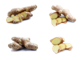 Ginger root on a white background.Collage