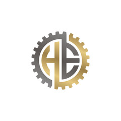 Initial letter H and E, HE, interlock cogwheel gear logo, black gold on white background
