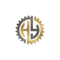 Initial letter H and Y, HY, interlock cogwheel gear logo, black gold on white background