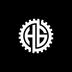 Initial letter H and G, HG, interlock cogwheel gear monogram logo, white color on black background