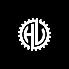 Initial letter H and U, H and V, HU, HV, interlock cogwheel gear monogram logo, white color on black background