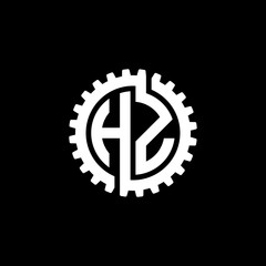 Initial letter H and Z, HZ, interlock cogwheel gear monogram logo, white color on black background