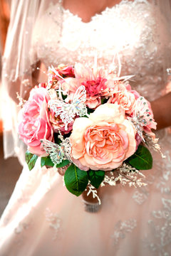 pink bouquet - wedding - butterfly
