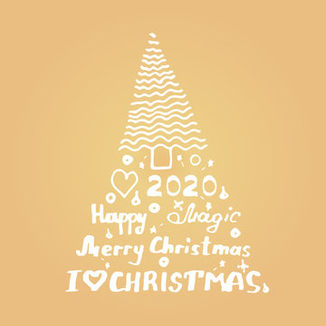 New Year and Christmas template with doodles and handwritten inscriptions. Lettering - Merry Christmas, I love christmas, 2020, happy, Magic in gold gradient background. EPS8 vector illustration