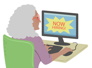 Senior Woman Find Online Job Illustration
