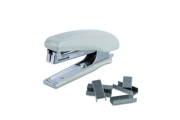 Office stationary Gray stapler with pile of staples isolated on white background