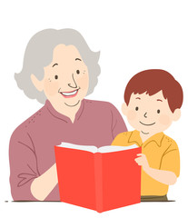 Senior Woman Kid Boy Tutor Read Book Illustration