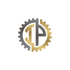 Initial letter I and P, IP, interlock cogwheel gear logo, black gold on white background