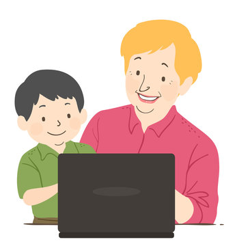 Senior Woman Kid Tutor Laptop Illustration