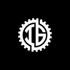 Initial letter I and G, IG, interlock cogwheel gear monogram logo, white color on black background
