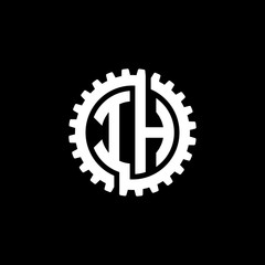Initial letter I and H, IH, interlock cogwheel gear monogram logo, white color on black background