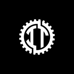 Initial letter I and T, IT, interlock cogwheel gear monogram logo, white color on black background