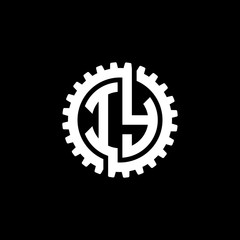 Initial letter I and Y, IY, interlock cogwheel gear monogram logo, white color on black background