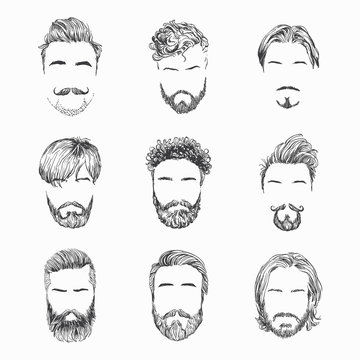 Mens hairstyles, beards and mustaches. Gentlmen haircuts and shaves hand drawn illustration.