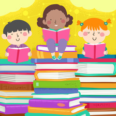 Kids Read Pile Books Illustration