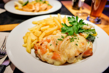 Steak stuffed with yellow cheese rolled dinner time