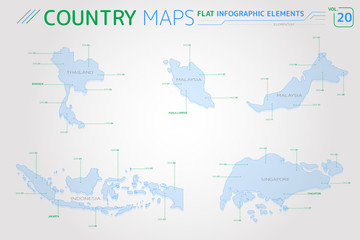 Thailand, Malaysia, Indonesia and Singapore Vector Maps