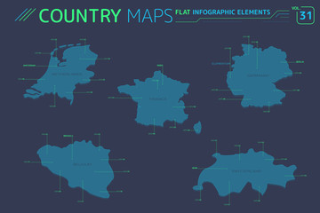 Germany, France, Belgium, Netherlands and Switzerland Vector Maps