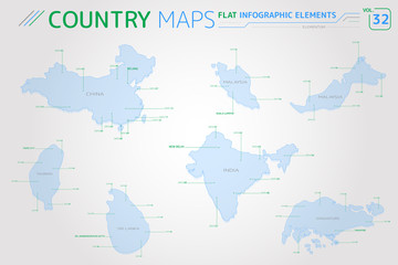 China, Singapore, Malaysia, Taiwan, India and Sri Lanka Vector Maps