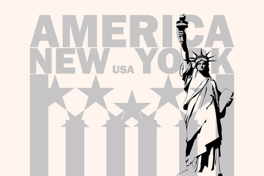 Black and white image of text and words with USA flag and symbol of freedom