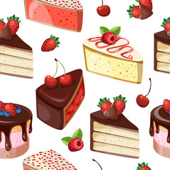 Cakes slices seamless background. Seamless pattern with pies. Vector illustration, seamless pattern.
