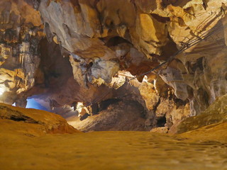 Inside of a deep cave with LED lighting system on to provide a visibility