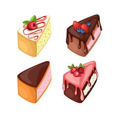 Set of colorful desserts with forest fruits. Chocolate cakes with different fillings. Vector illustration.