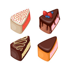 Set of colorful desserts with forest fruits. Chocolate cakes with different fillings. Vector illustration.