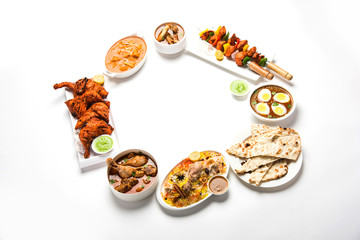 Assorted Indian Non Vegetarian food recipe served in a group. Includes Chicken Curry, Mutton Masala, Anda/egg curry, Butter chicken, biryani, tandoori murg, chicken-tikka and naan/roti