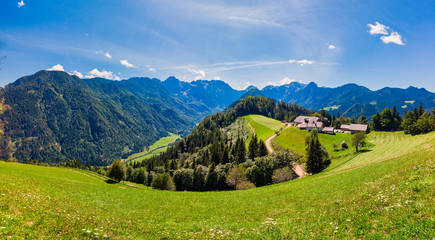 Mountain landscape, Alps in Slovenia with farm and blooming meadows © asafaric