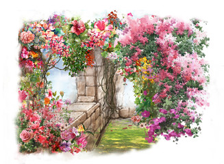Fototapeta na wymiar Abstract colorful flowers watercolor painting. Spring with buildings and walls .