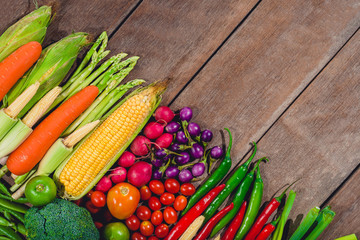 Backgroud of fresh food tasty and healthy varis vegetables are on the wooden table