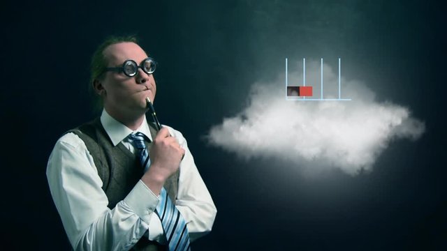 Funny nerd or geek looking to flying cloud with rotating chart icon
