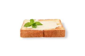 Toast bread with cheese and mint leaves on top on white background.