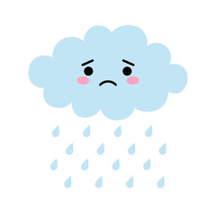 Cute cartoon kawaii blue cloud with rain drops with sad face emotion. Weeping cloud vector illustration - 285585394