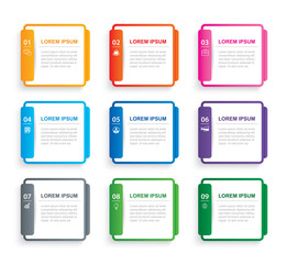 Infographics rectangle paper index with 9 data template. Vector illustration abstract background. Can be used for workflow layout, business step, banner, web design.