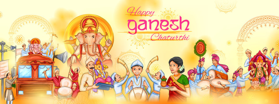 illustration of Indian people celebrating Lord Ganpati background for Ganesh Chaturthi religious festival of India
