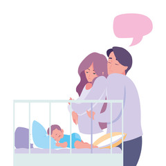 mom and dad taking care baby in bed