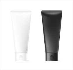 Blank and black plastic tube mockups for cosmetics. Front view. Vector illustration isolated on white background. Can be use for your design, advertising, promo and etc. EPS10.