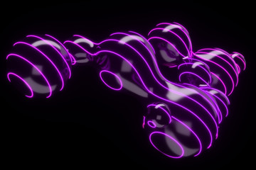Creative futuristic background of flying separating drops of black liquid with neon lights. 3D illustration