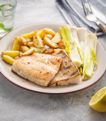 Fried pike perch with potatoes and vegetables.