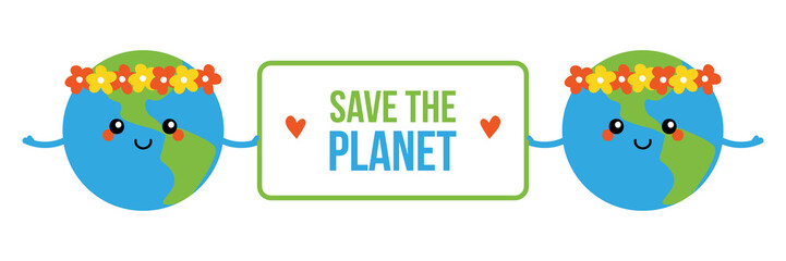Fototapeta premium Couple of cute cartoon earth characters in floral wreaths holding banner, card for Earth Day asking to save the planet.