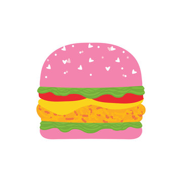 Vector illustration, icon of cute kawaii pink burger, cheeseburger or chicken burger with heart sprinkles isolated on white background.