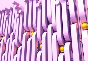 Abstract background with pink square pipes and shiny golden balls. 3D illustration