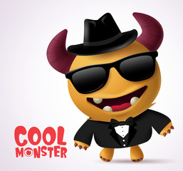 Obraz premium Cool monster escort vector character design. Cool Monster character creature with funny pose wearing black coat, necktie, glasses and hat in white background. Vector Illustration.